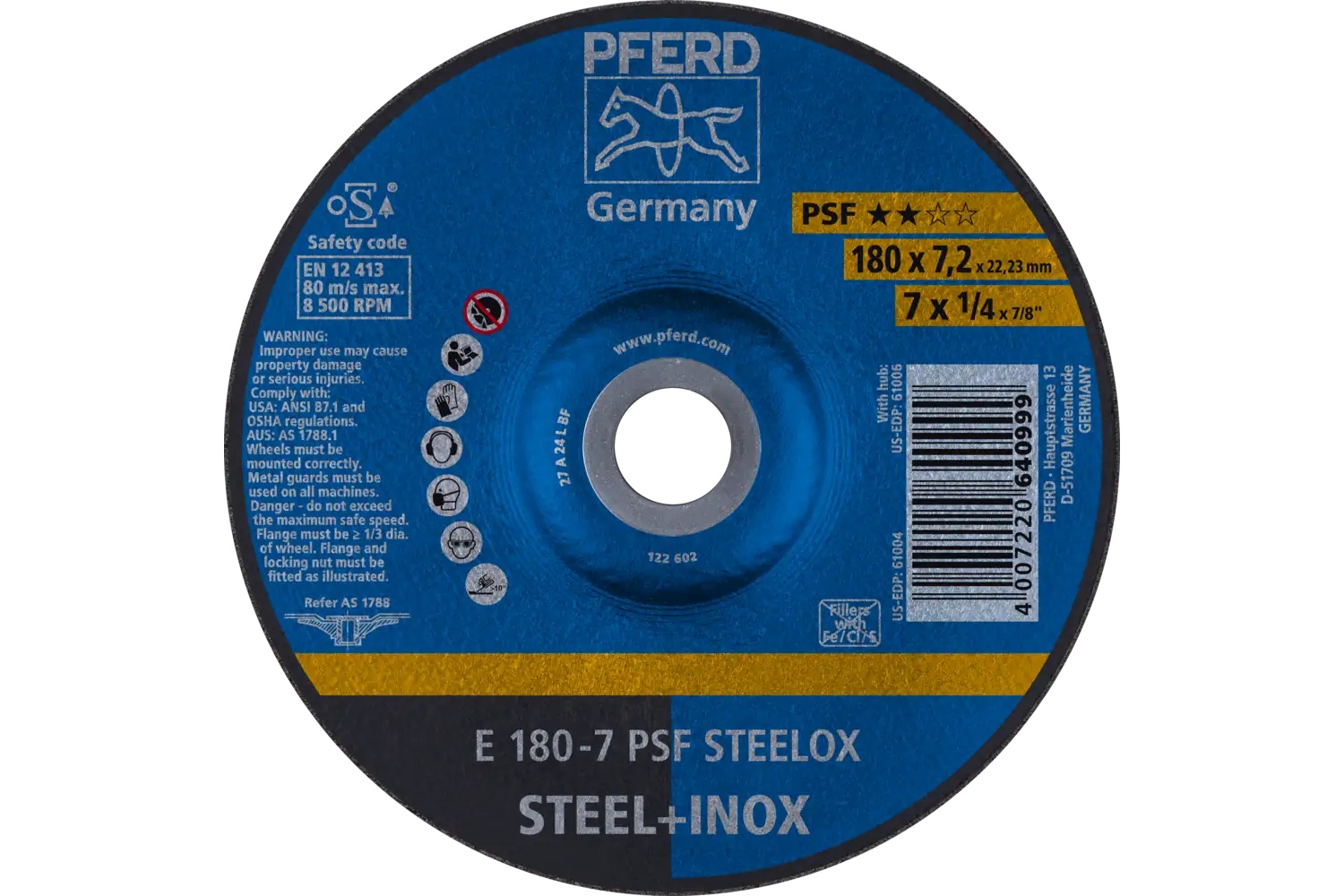 Picture of Pferd Grinding Wheel, 7" X 1/4 X 7/8, Psf Steelox, T27, Aluminum Oxide